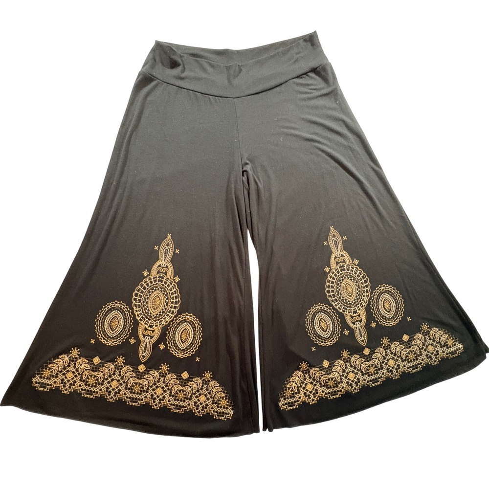 MKM Designs Palazzo Pants Womens L Black Gold Boho Wide Leg Jersey Knit Lounge